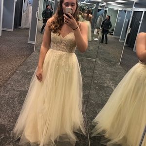 Blondie Nites Yellow Bodice Tulle Ball Gown w/ Lace and Slit